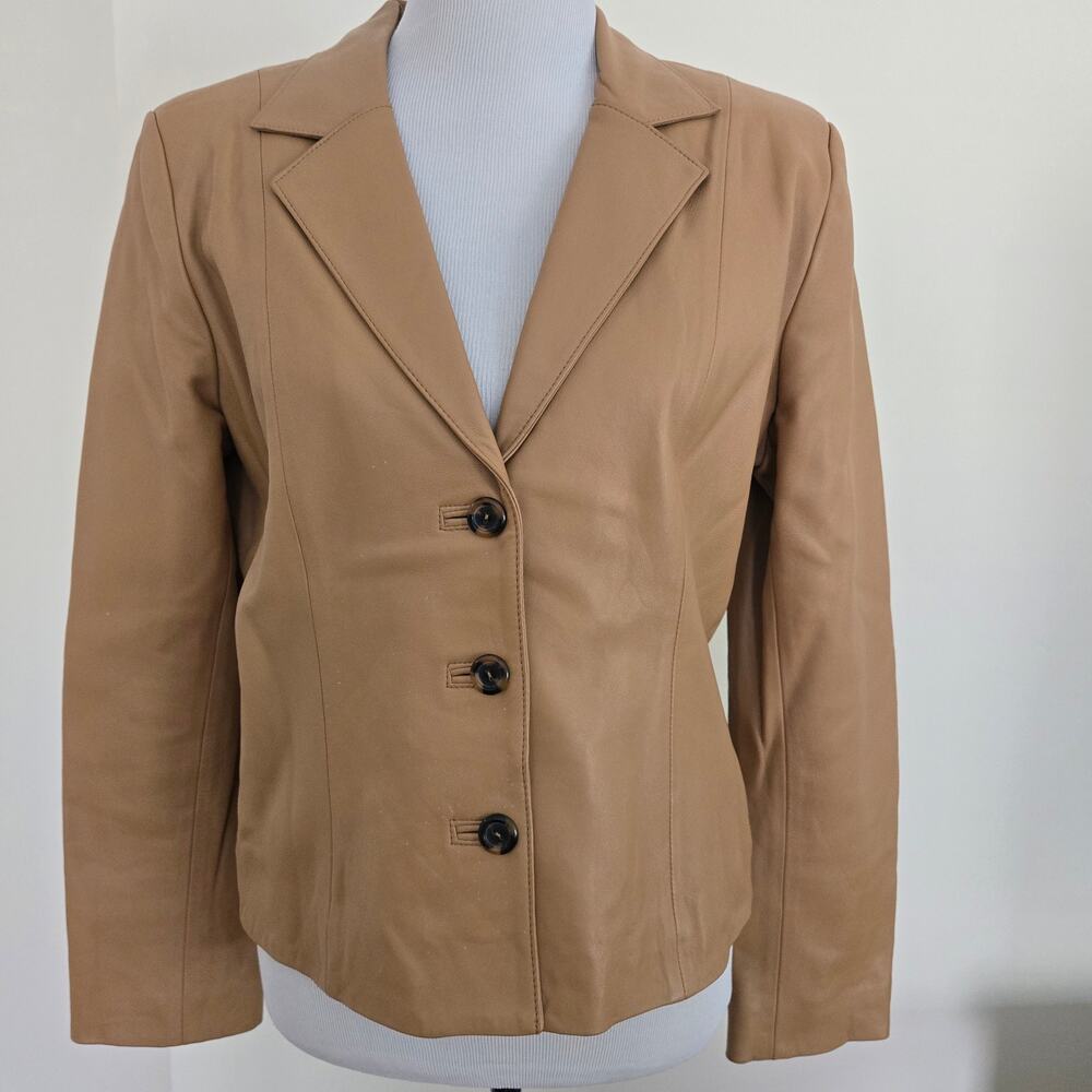 Belle Sport Leather Blazer Jacket Vintage size Large Tan Beige Cheetah Lining